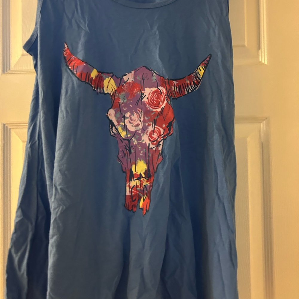 LuLaRoe Blue Tank Top with Colorful Skull Design